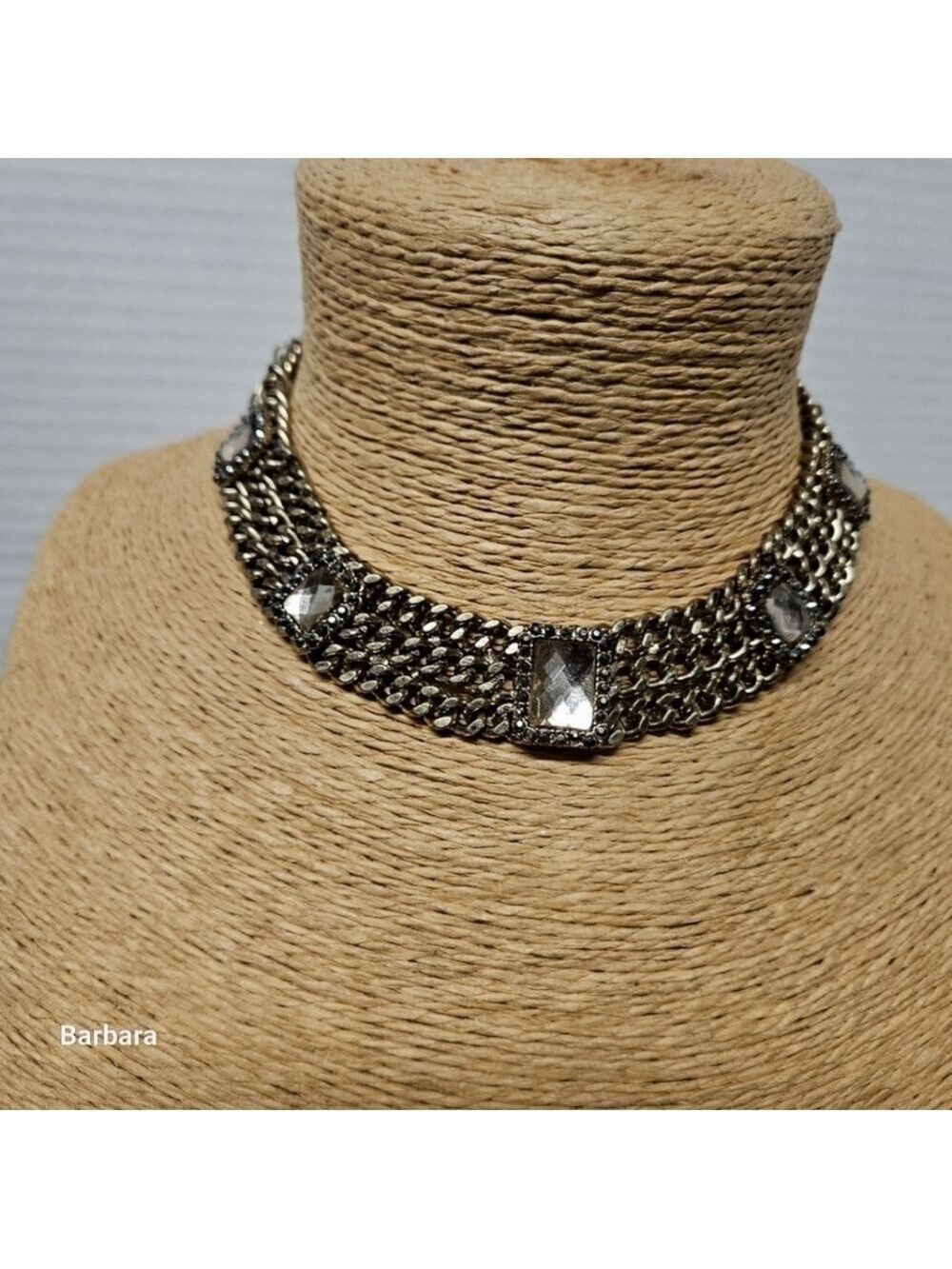 Vintage 3-strand Antique Gold-tone 5 Emerald-cut Clear Bead Choker Necklace